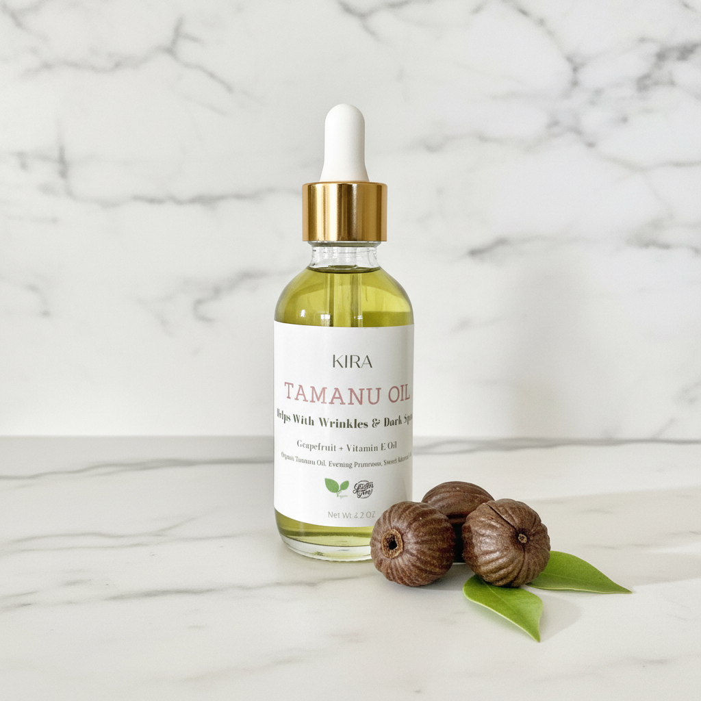 Organic Tamanu Oil bottle with tamanu nuts and green leaves on marble background